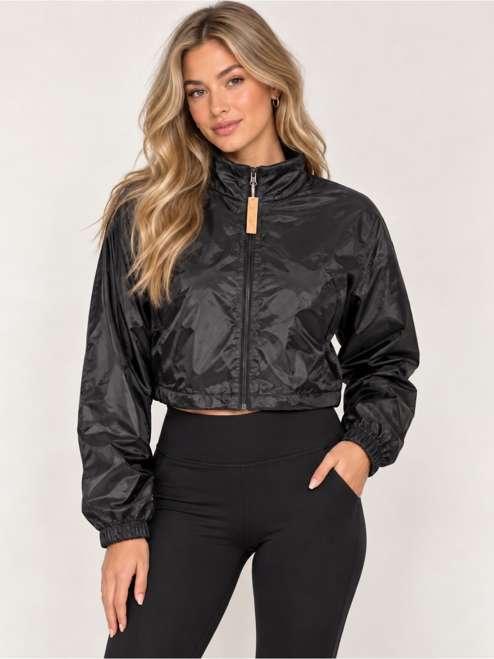 SKIMS Black Shiny Zip Bomber Jacket